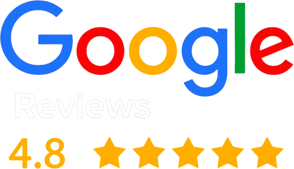 Google Reviews logo with five yellow stars and a rating of 4.8 displayed below.