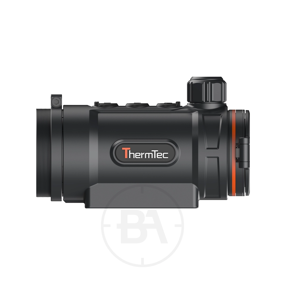 ThermTec Hunt 335 Thermal Clip-On 1 Side view of the ThermTec Hunt 335 Thermal Clip-On in black, featuring top control buttons and an orange accent near the lens.