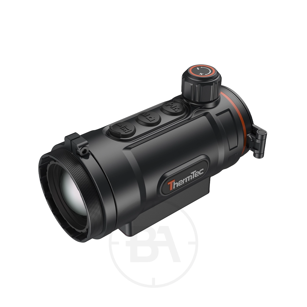 ThermTec Hunt 335 Thermal Clip-On 3 A black ThermTec Hunt 335 Thermal Clip-On with control buttons and an adjustment dial, displayed at an angle on a white background.