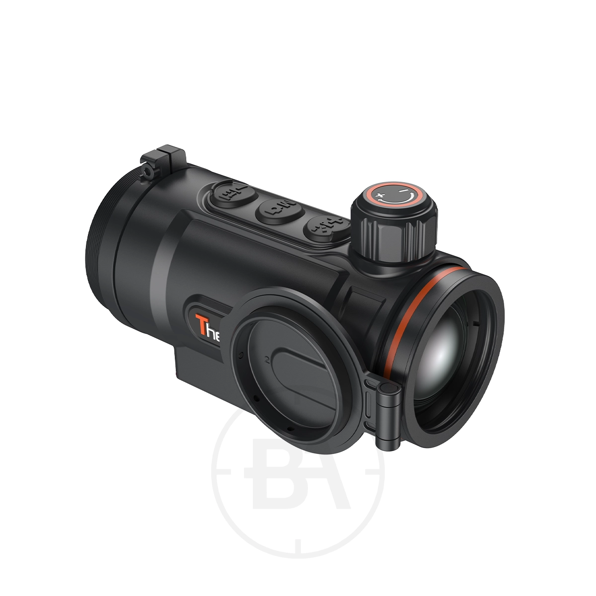 ThermTec Hunt 335 Thermal Clip-On 5 The ThermTec Hunt 335 Thermal Clip-On is a compact black thermal imaging device with top control buttons and a front lens cover, perfect for use as a thermal scope.