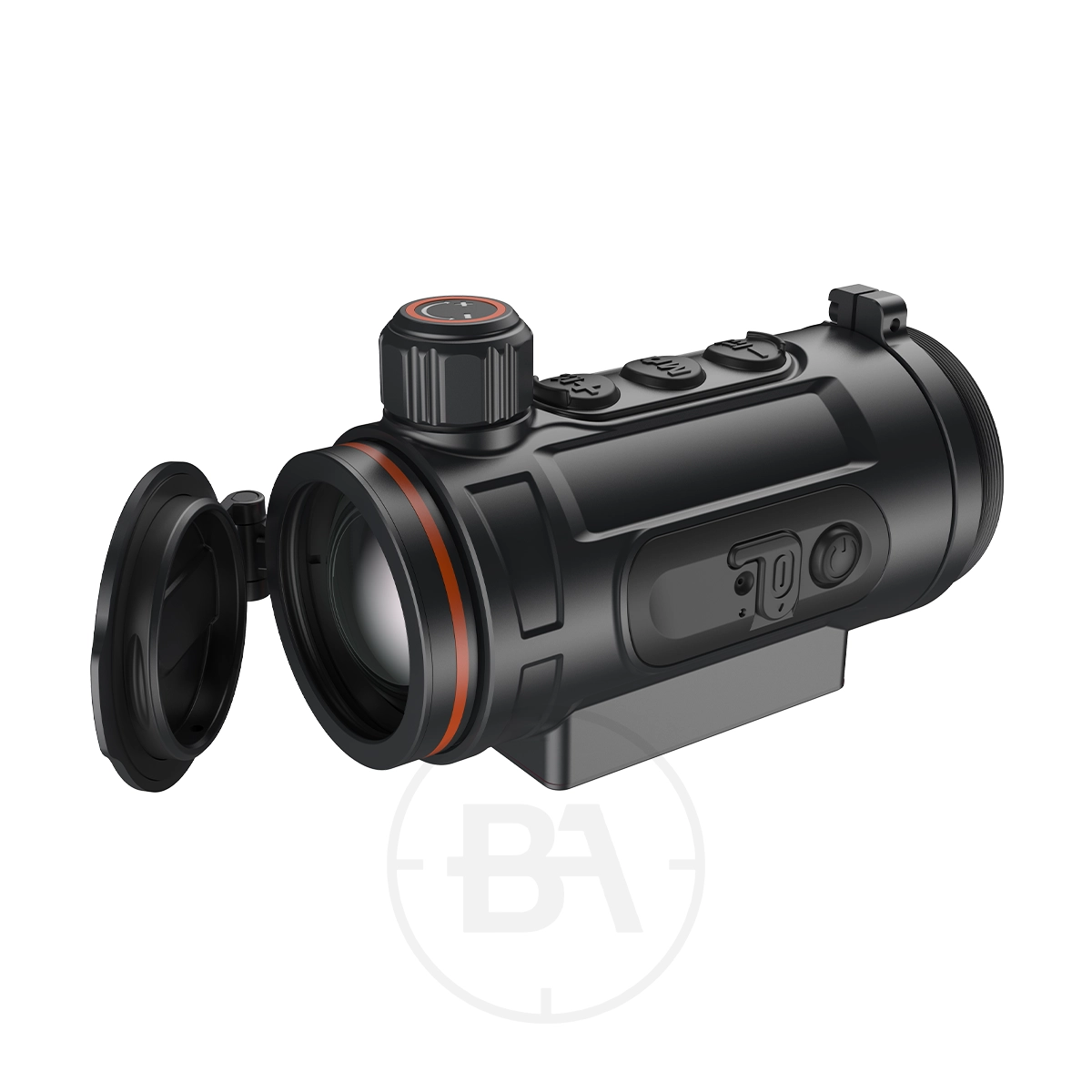 ThermTec Hunt 335 Thermal Clip-On 7 The ThermTec Hunt 335 Thermal Clip-On, shown with its lens cover open, adjustment knob, and top control buttons, features advanced thermal imaging and is displayed against a white background.