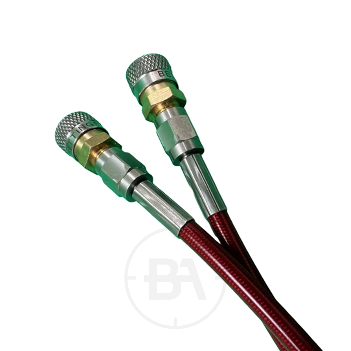 Best Fittings Ultima Fill Line Hose With Quick Coupler Sockets 1 Pair of Best Fittings Ultima Fill Line Hoses in red, each with metal and brass connectors and Quick Coupler Sockets, shown on a white background.