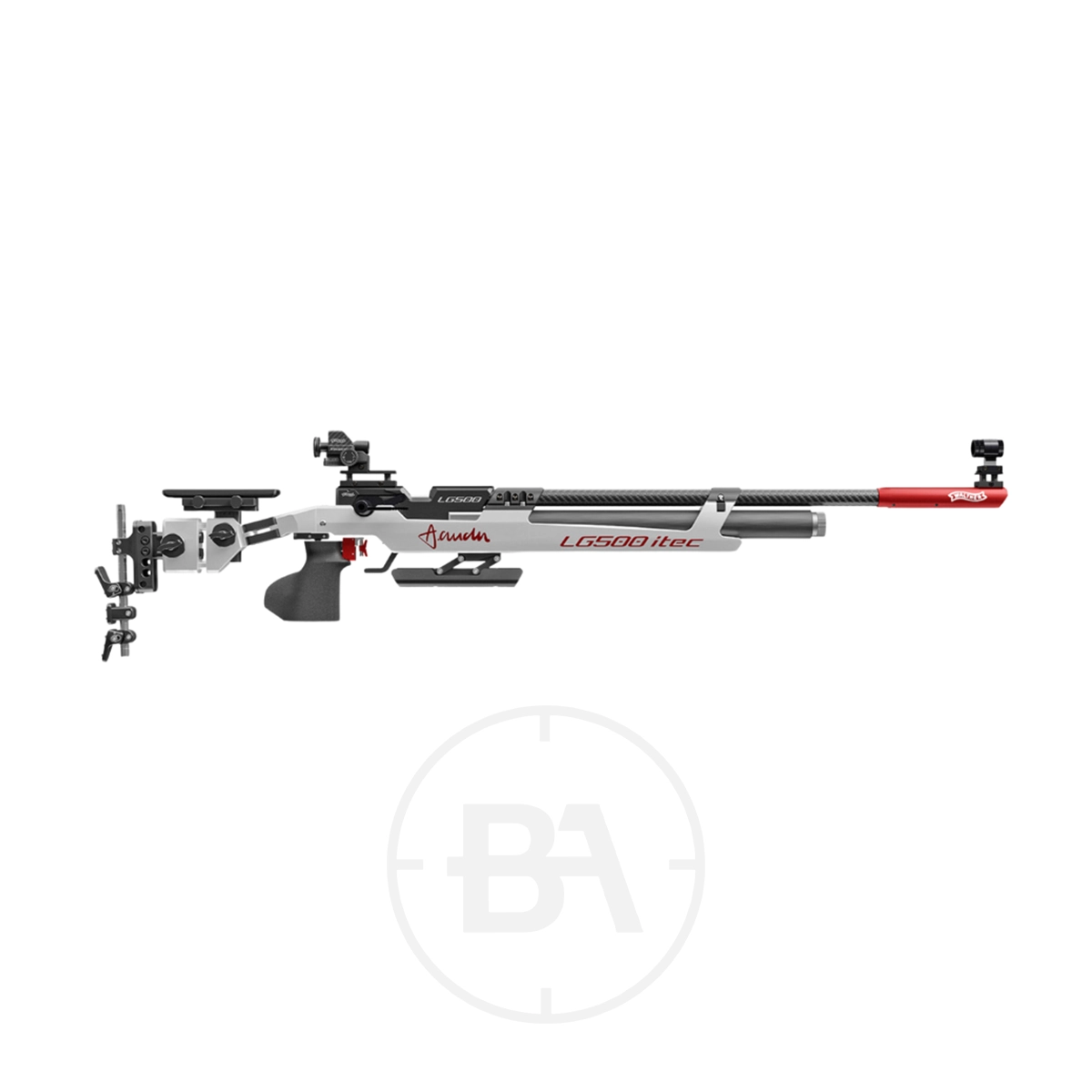 Walther LG500 ITEC Tripple Limited Edition Match Target Rifle 1 The Walther LG500 ITEC Tripple Limited Edition Match Target Rifle features a striking white, black, and red design, long barrel, adjustable stock, scope, and versatile mounting components for precision shooting.