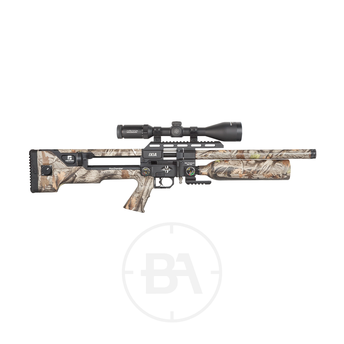 Reximex Ixia Regulated PCP Air Rifle With Hard Case 3 A camo-patterned Reximex Ixia .177 PCP Air Rifle with a mounted scope is displayed on a plain white background.