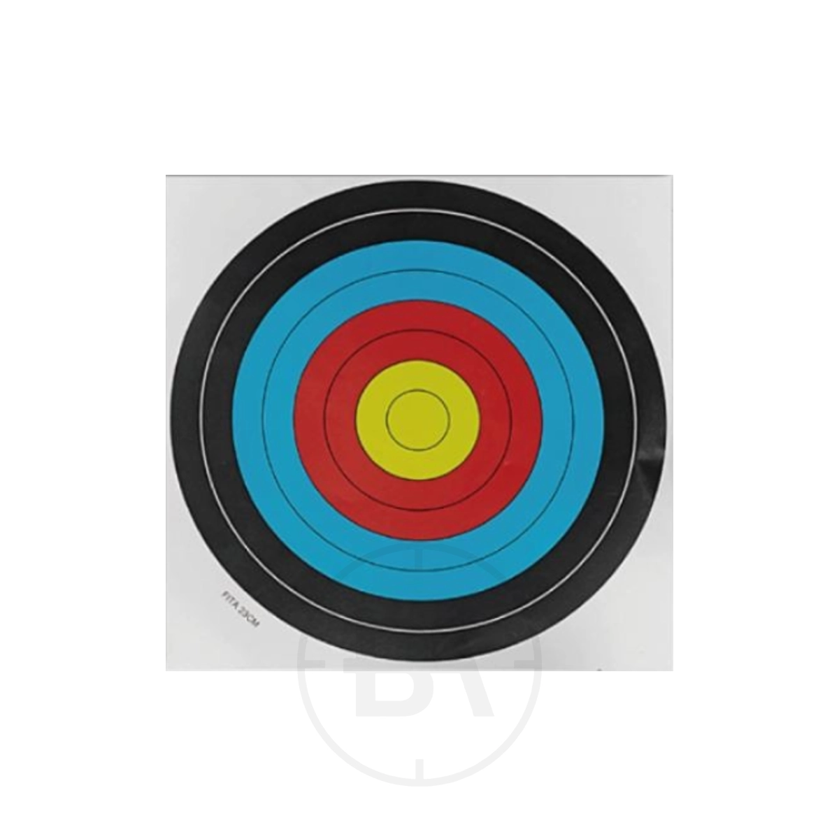 60cm Archery Paper Targets (x10) 1 Replacement Crossbow Paper Targets (4) feature concentric colored rings—yellow, red, blue, black, and white—on a white background. Ideal for use as paper targets or replacement crossbow targets during practice sessions.