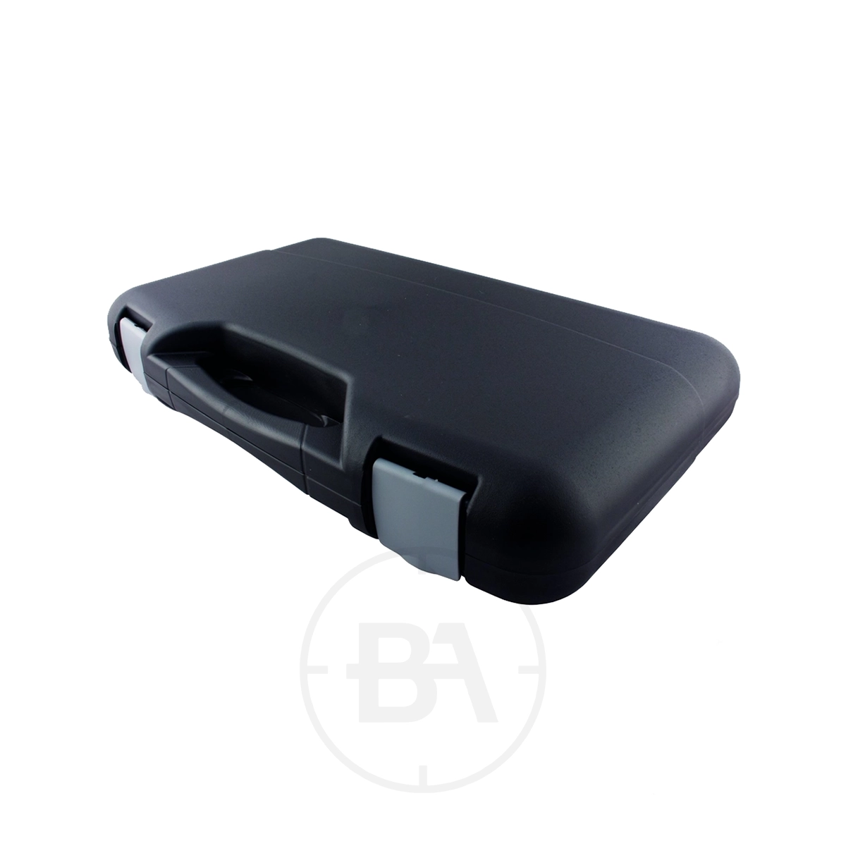 Pistol Hard Case (Large) 1 The Pistol Hard Case (Large) is a closed black case with a handle and two gray latches for secure gun storage, shown on a white background.