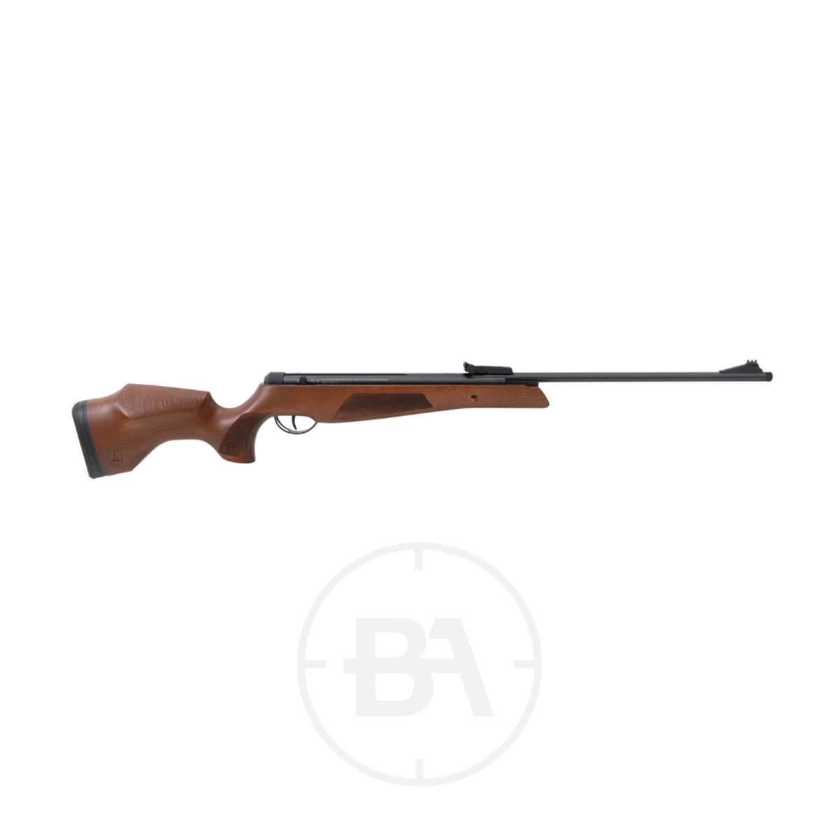 BSA Meteor Super Spring Air Rifle 1 A side view of the BSA Meteor Super Spring Air Rifle with a wooden stock, black barrel, and iron sights, displayed on a plain white background.