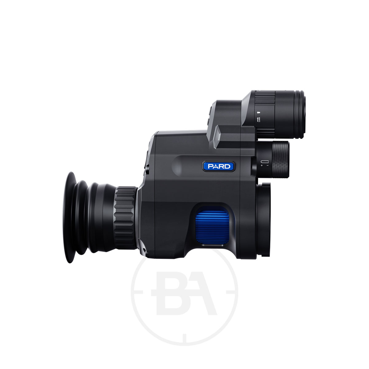 PARD NV007V2 PRO Night Vision Scope 3 Side view of a black PARD NV007V2 PRO Night Vision Scope featuring an eyepiece, adjustment knobs, and a blue accent on the body, isolated on a white background.