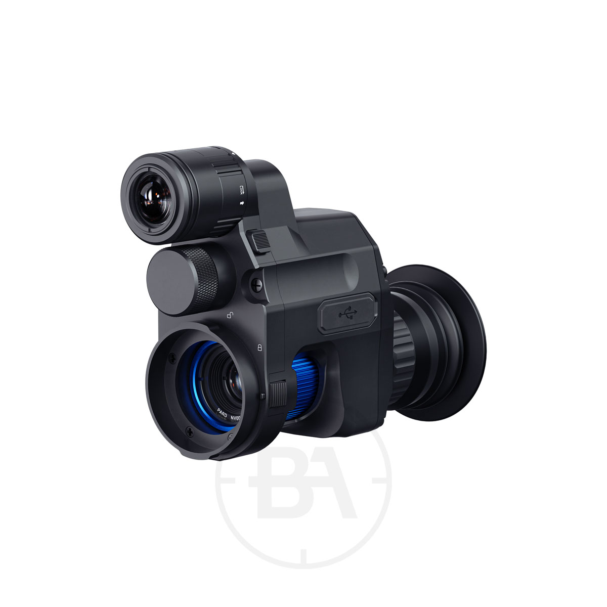 PARD NV007V2 PRO Night Vision Scope 1 The PARD NV007V2 PRO Night Vision Scope is a compact black monocular camera with multiple lenses, adjustment dials, and a rubber eyepiece, shown on a white background.