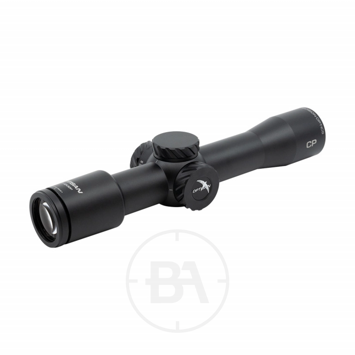 Optisan CP 10x32 SFP MH10 Rifle Scope 1 A black Optisan CP 10x32 SFP MH10 Rifle Scope with adjustment knobs and clear lens, featuring "CP" and "Optisan" branding in SFP design, is shown on a white background.
