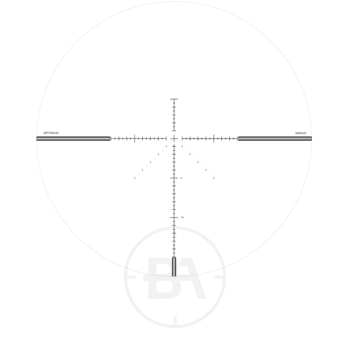 Optisan EVX G2 4-16x44 FFP MRAD16 Rifle Scope 2 A black reticle with hash marks, dotted lines, “OFFSCAN” on the left and “MWAO” on the right, as found in the Optisan EVX G2 4-16x44 FFP MRAD16 Rifle Scope, centred on a white background with faint markings and a circle.