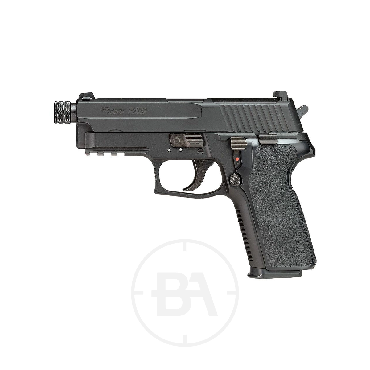 Sig Sauer P229 RX Dual Ammo CO2 Pistol 1 The Sig Sauer P229 RX Dual Ammo CO2 Pistol is shown in black with a textured grip, visible safety lever, and accessory rail under the barrel on a white background, highlighting its authentic look and versatile dual ammo capability.