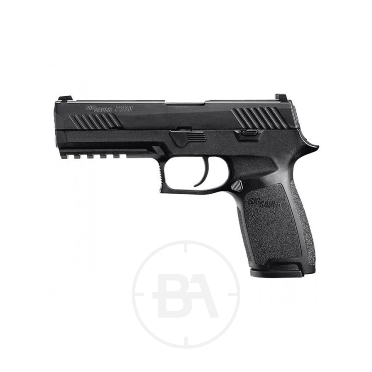 Sig Sauer P320 Dual Ammo CO2 Pistol 1 A black SIG Sauer P320 CO2 pistol with a textured grip, trigger guard, and slide grooves is displayed on a white background.