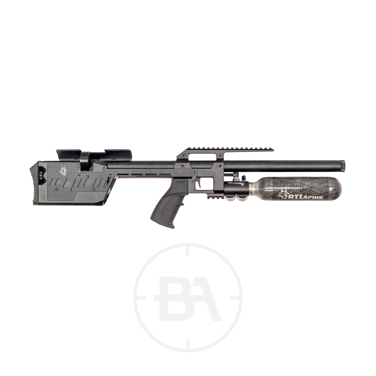 RTI Arms P3 Compact Performance PCP Air Rifle 1 Side view of the RTI Arms P3 Compact Performance PCP Air Rifle in black, featuring a tactical stock, pistol grip, long barrel, and a mounted air tank—engineered for compact performance.