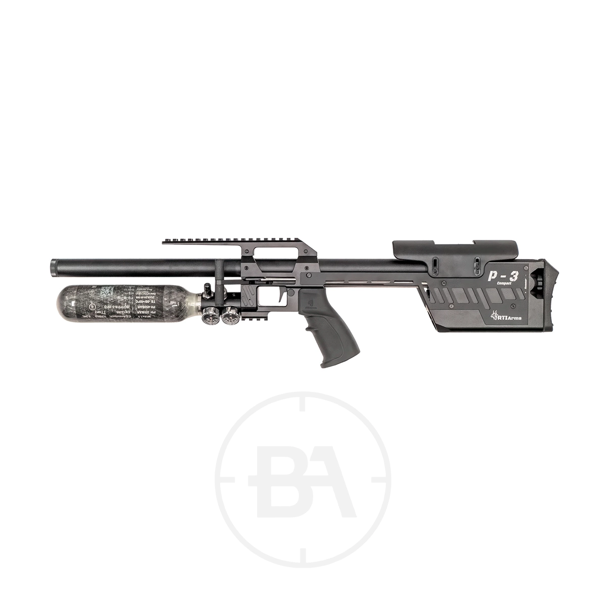 RTI Arms P3 Compact Performance PCP Air Rifle 3 Side view of the RTI Arms P3 Compact Performance PCP Air Rifle with a carbon fiber air tank under the barrel, featuring a tactical grip and top Picatinny rail for enhanced compact performance and versatility.