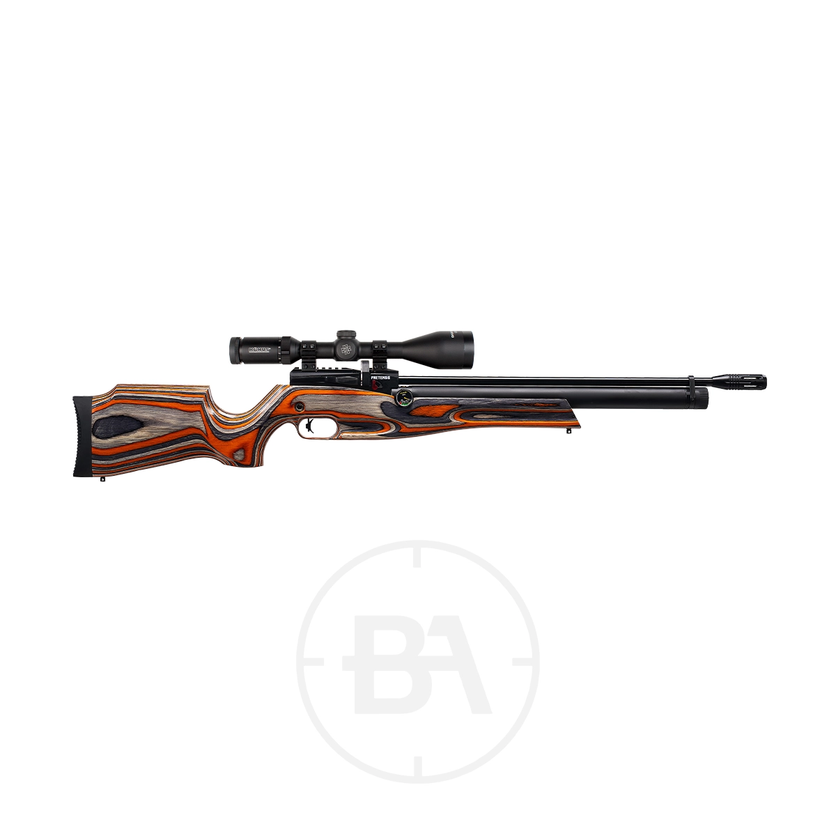 Reximex Pretensis PCP Air Rifle 5 A Reximex Pretensis PCP Air Rifle with a wooden laminated stock and mounted scope, displayed on a white background.