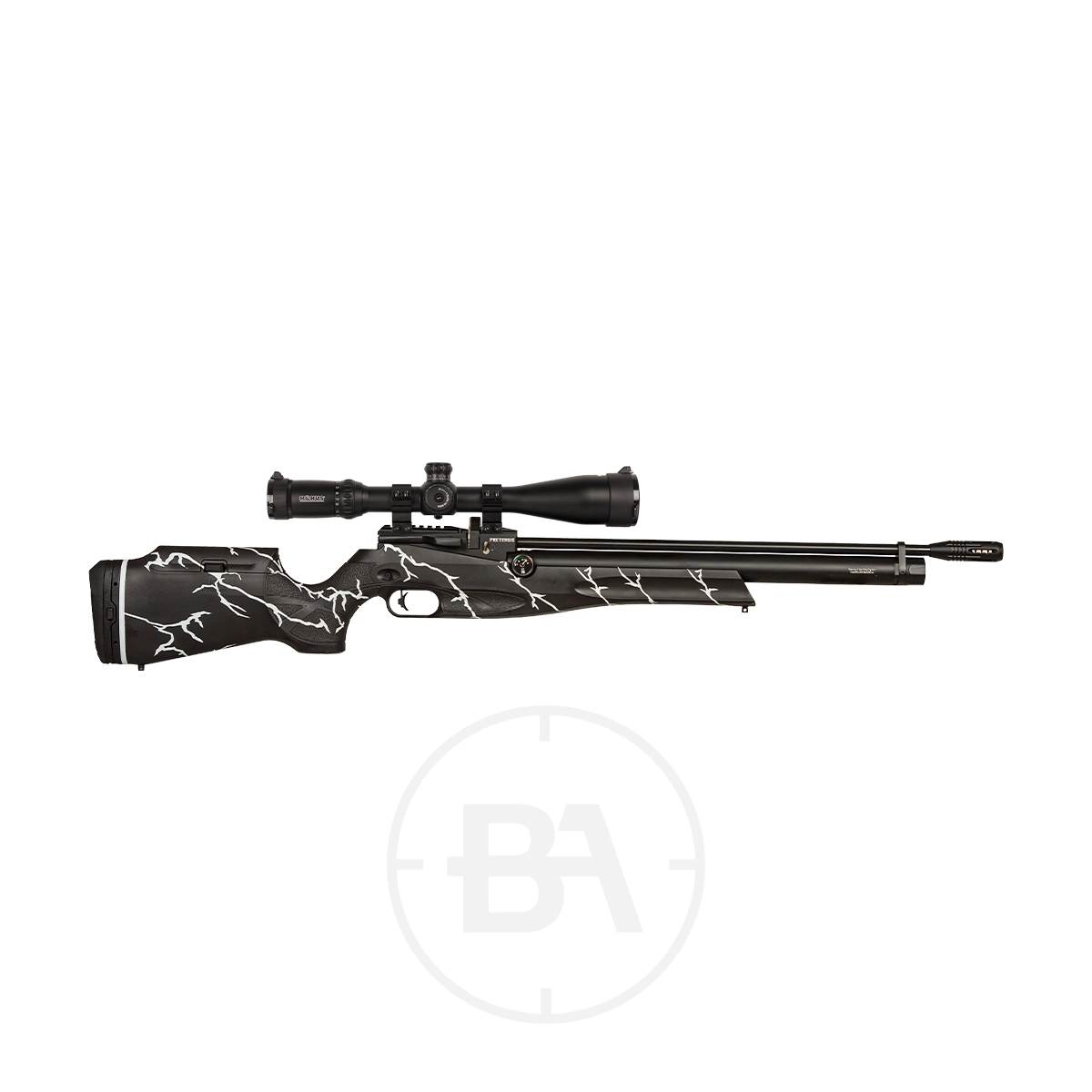 Reximex Pretensis PCP Air Rifle 9 Black and white Reximex Pretensis PCP Air Rifle with mounted scope, featuring a marbled pattern on the stock, displayed on a white background. This .177 caliber model combines precision engineering with striking design.