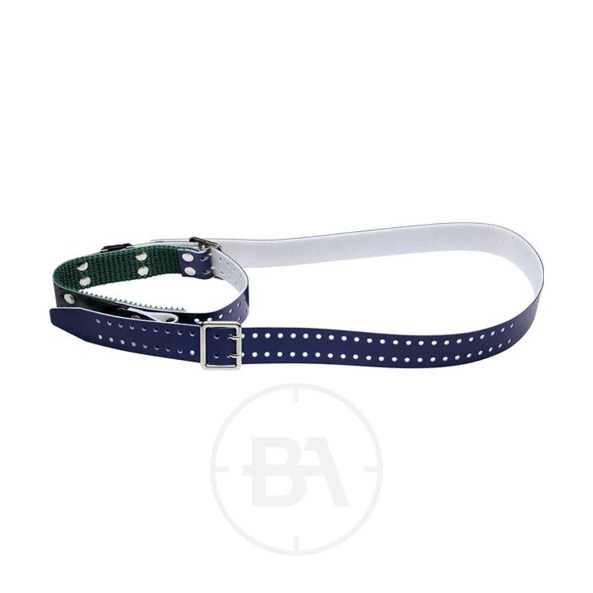 Gehmann Pulse Free Micro Adjustable Sling 1 The Gehmann Pulse Free Micro Adjustable Sling, featuring a blue and white design with a metal buckle and multiple adjustment holes, is shown on a plain white background.