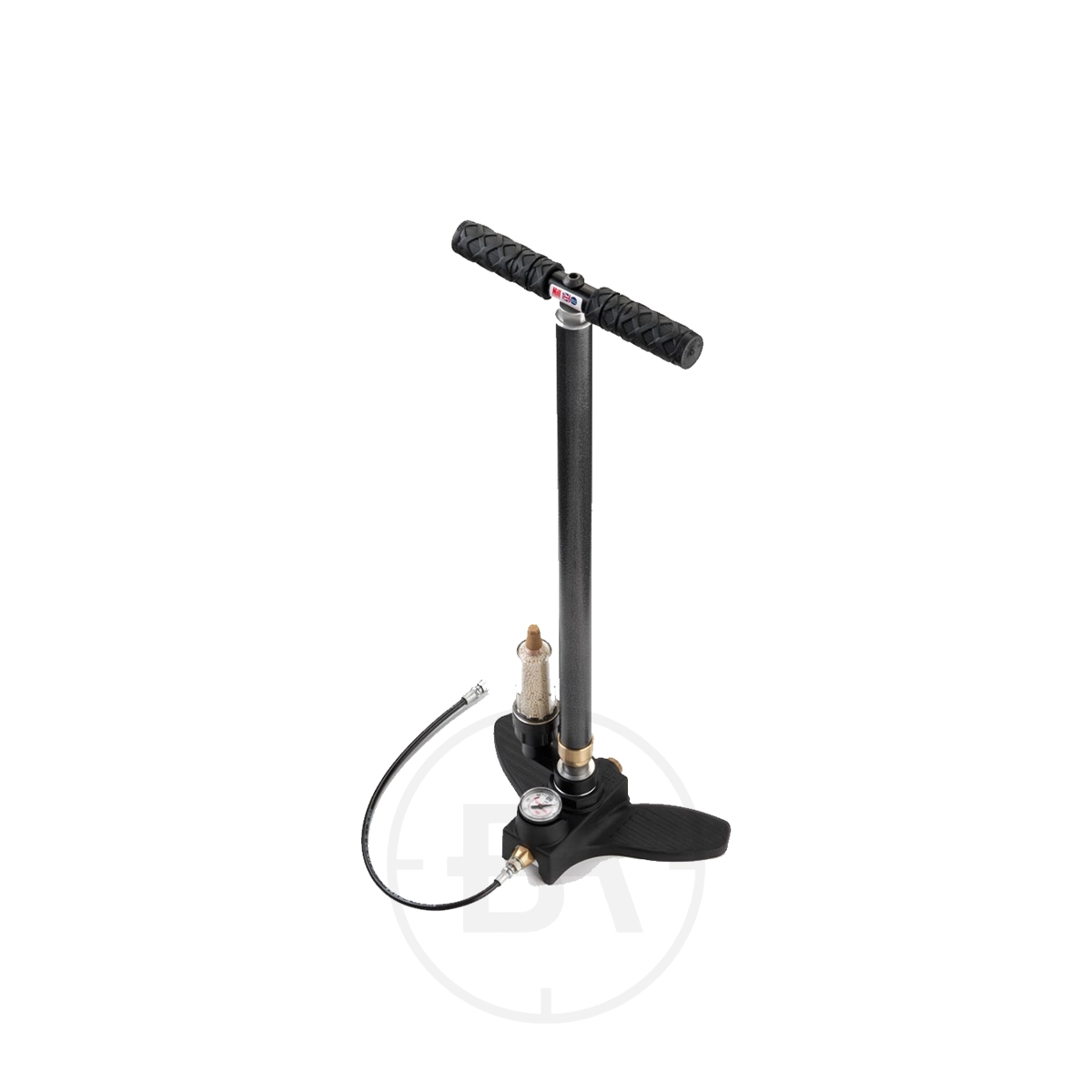 Hill MK5 Pro PCP Pump - With Dry Air Pack System 1 The Hill MK5 Pro PCP Pump is a black, hand-operated air pump with a T-handle, pressure gauge, attached hose, and footrest—perfect for efficiently inflating tires or charging bottles.