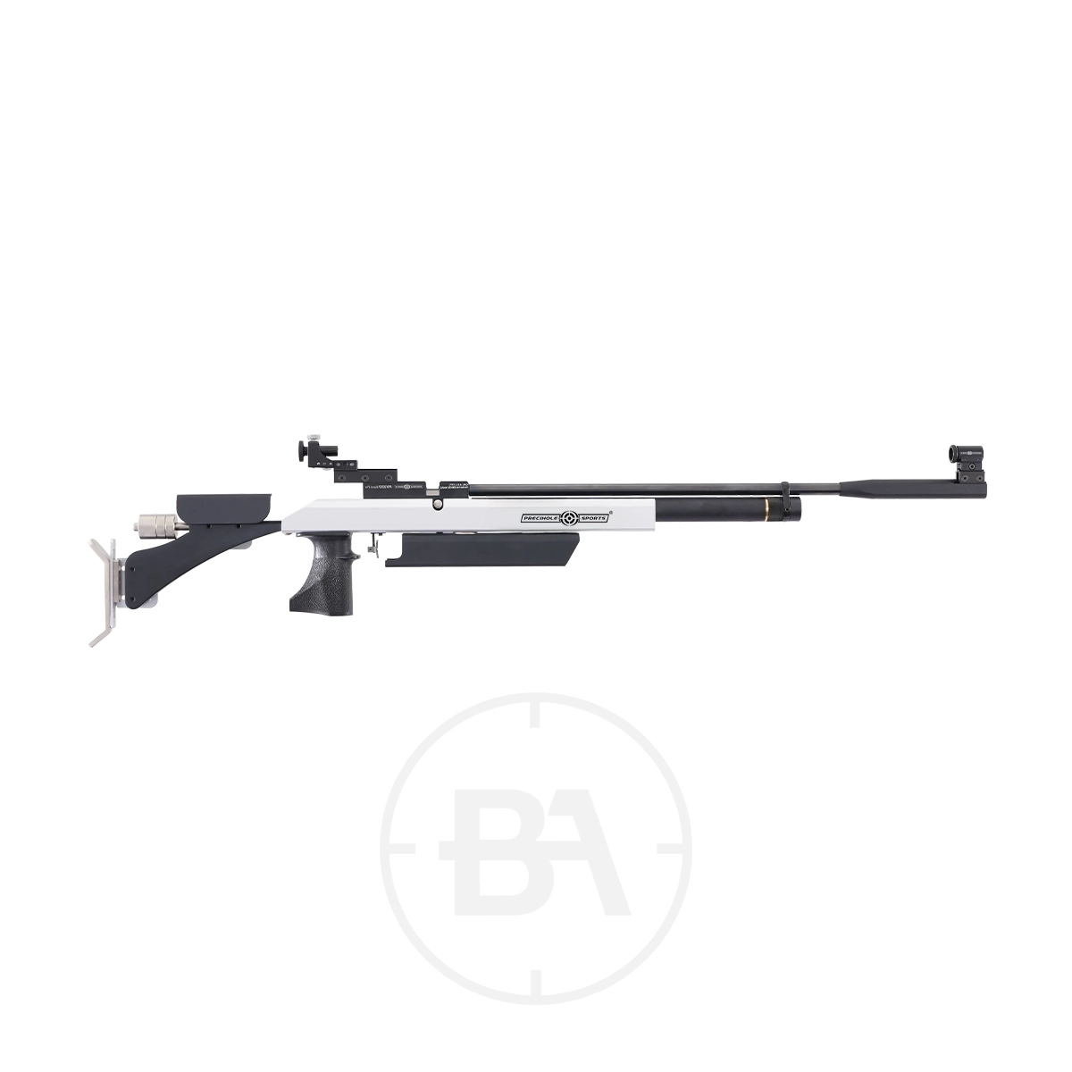 Precihole Sports PX100 Match Pro Match Target Rifle 1 Side view of a Precihole Sports PX100 Match Pro with a white frame, black grip, and mounted scope. It has a skeletal stock design and slender barrel, making it ideal for target enthusiasts.