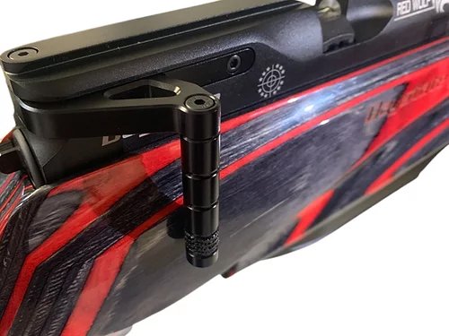 Daystate Short Throw Cocking Sidelever 1 Close-up of the Daystate Short Throw Cocking Sidelever, a black cylindrical bolt handle, installed on a red and black textured rifle.