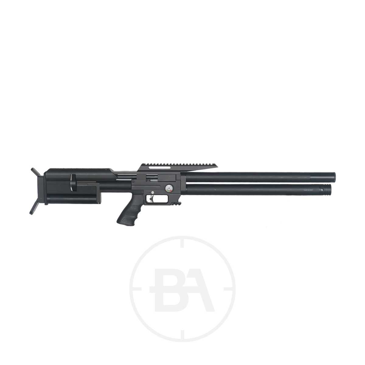 Remington Blackbird Regulated PCP Air Rifle With Scope 1 Remington Blackbird Regulated PCP Air Rifle With Scope, featuring a tactical design with a pistol grip, extended barrel, and top rail for scope mounting, is displayed on a white background.