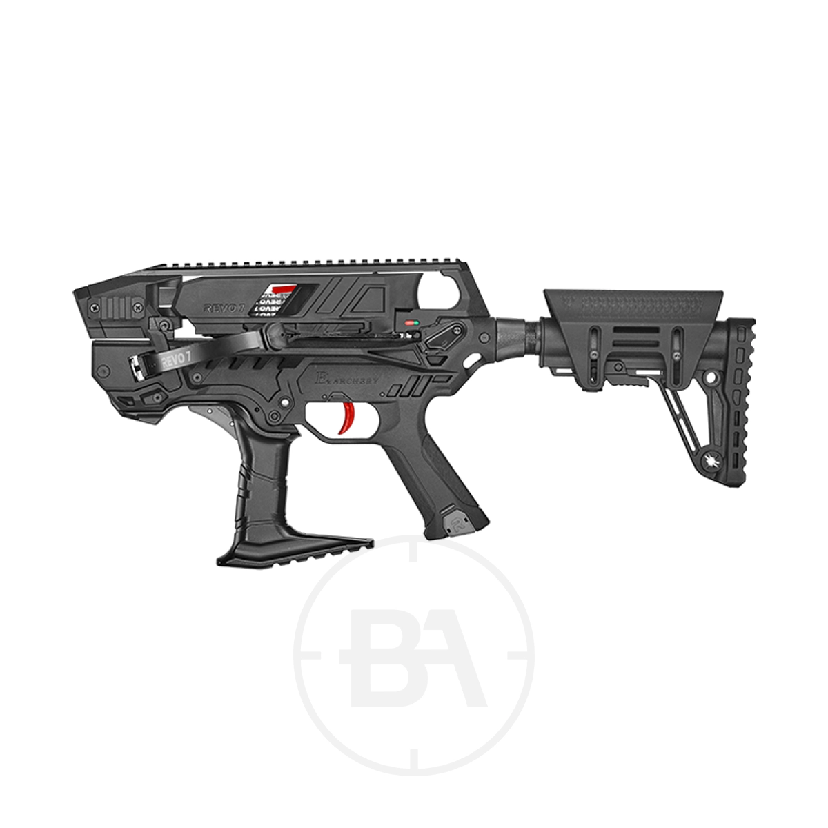 EK Archery Revo Tactical Crossbow With 7-Shot Magazine 5 The ek archery rev07 features a black polymer chassis with adjustable stock, ergonomic grip, and exposed trigger—designed to convert a pistol into a carbine-style setup for enhanced versatility.