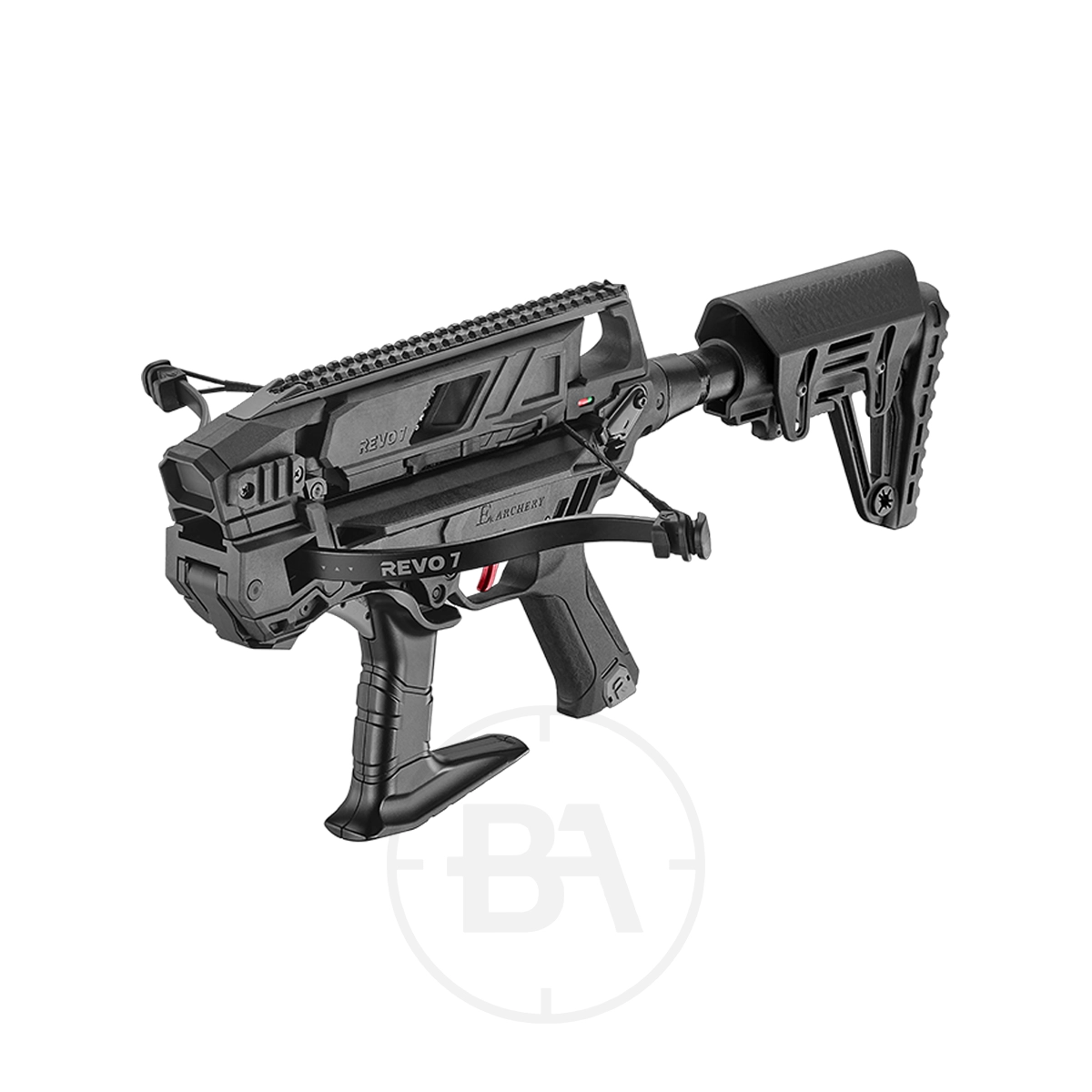 EK Archery Revo Tactical Crossbow With 7-Shot Magazine 3 A black adjustable stock for the EK Archery REV07, with pistol grip, foregrip, and tactical rail, displayed on a plain white background.