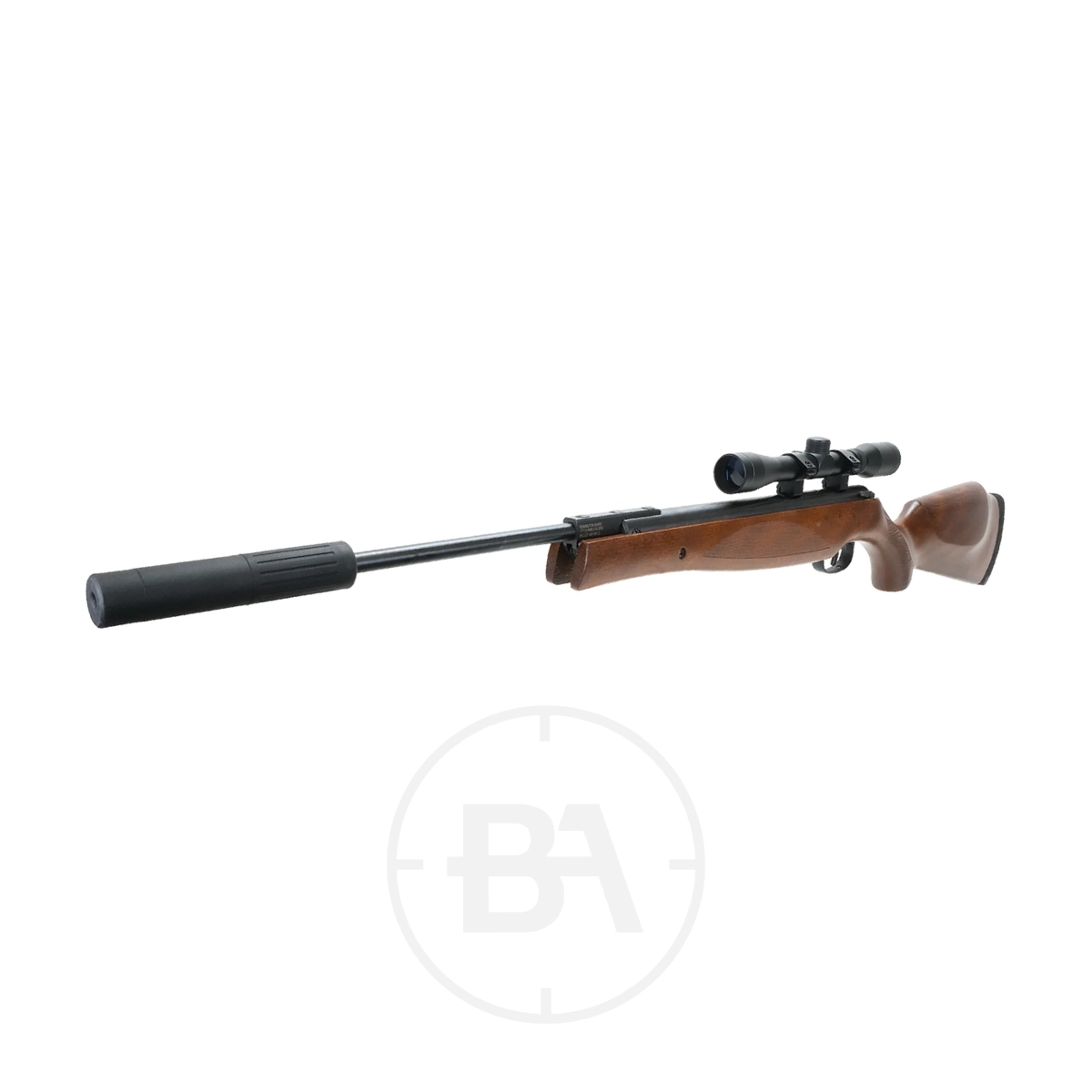 Remington Sabre Spring Air Rifle With Scope 5 A Remington Sabre Spring Air Rifle With Scope is displayed on a white background, featuring a long barrel and an attached suppressor.