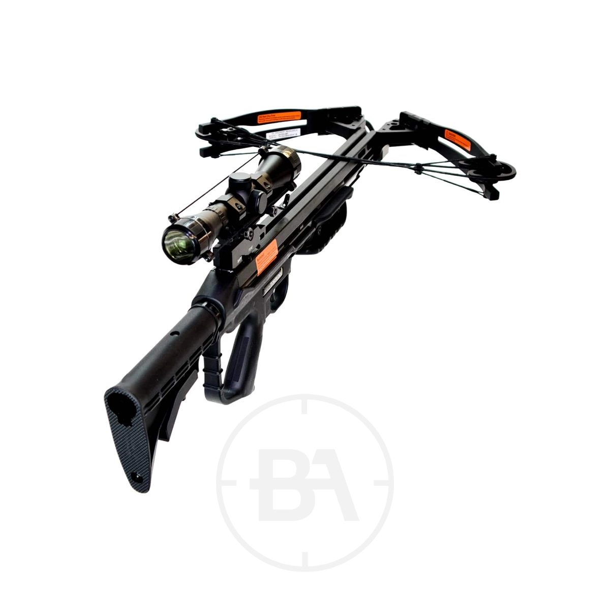 EK Archery Torpedo Compound Crossbow Package With Scope 5 The EK Archery Torpedo Compound Crossbow Package With Scope (Copy) is a black modern crossbow featuring a mounted scope and orange warning labels, shown against a white background.