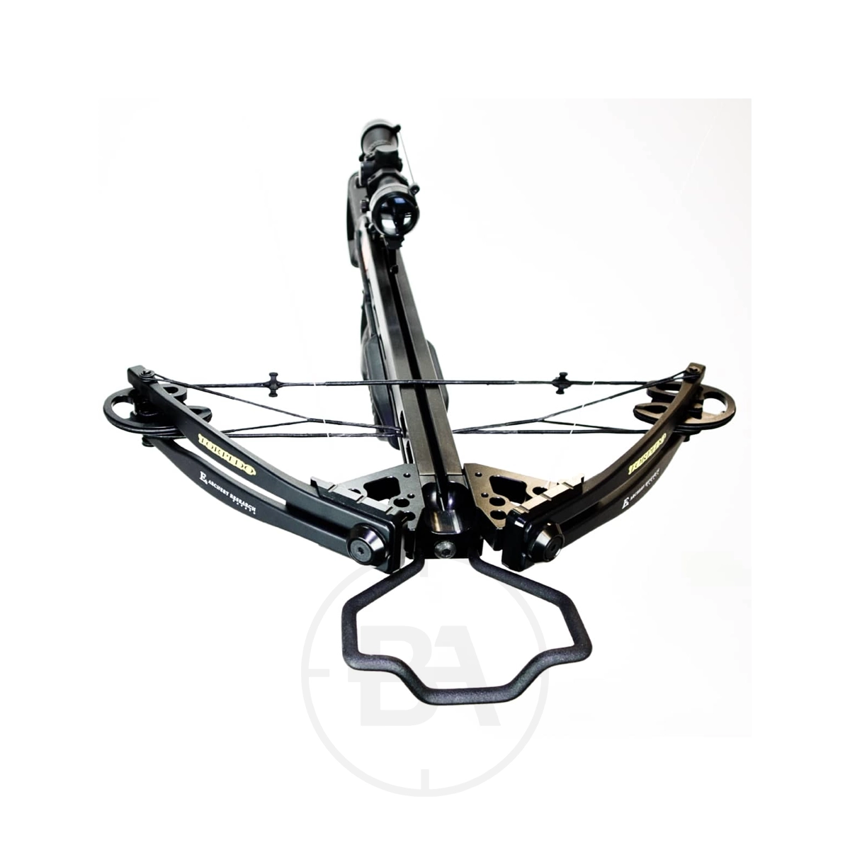 EK Archery Torpedo Compound Crossbow Package With Scope 7 The EK Archery Torpedo Compound Crossbow Package With Scope (Copy) is shown from the front, featuring pulleys and a foot stirrup, against a white background—an excellent option for any crossbow package seeker.