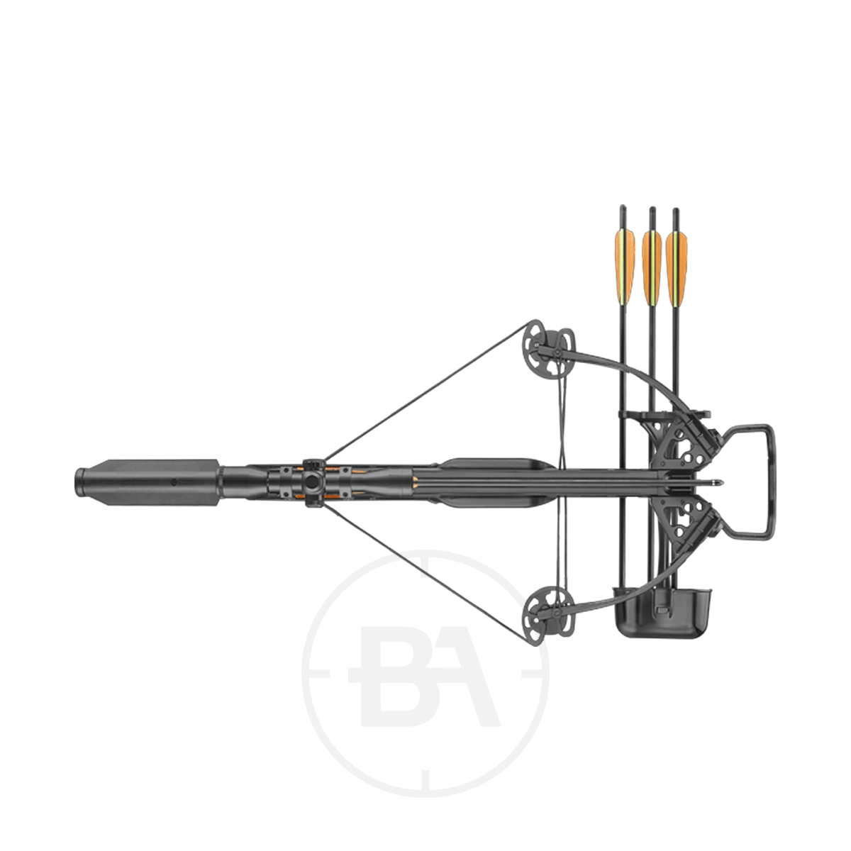 EK Archery Torpedo Compound Crossbow Package With Scope 11 The EK Archery Torpedo Compound Crossbow Package With Scope (Copy) features a sleek black design, three orange-fletched bolts in a quiver, and is shown from above on a white background—a complete set for crossbow enthusiasts.