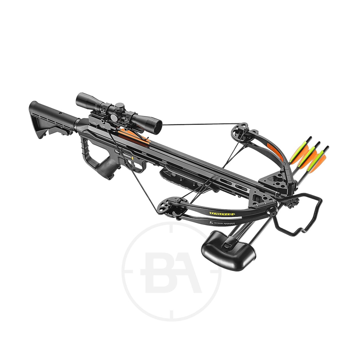 EK Archery Torpedo Compound Crossbow Package With Scope 9 The EK Archery Torpedo Compound Crossbow Package With Scope features a black crossbow, mounted scope, foot stirrup, and a holder for three arrows with orange/yellow fletching—a premium archery set.