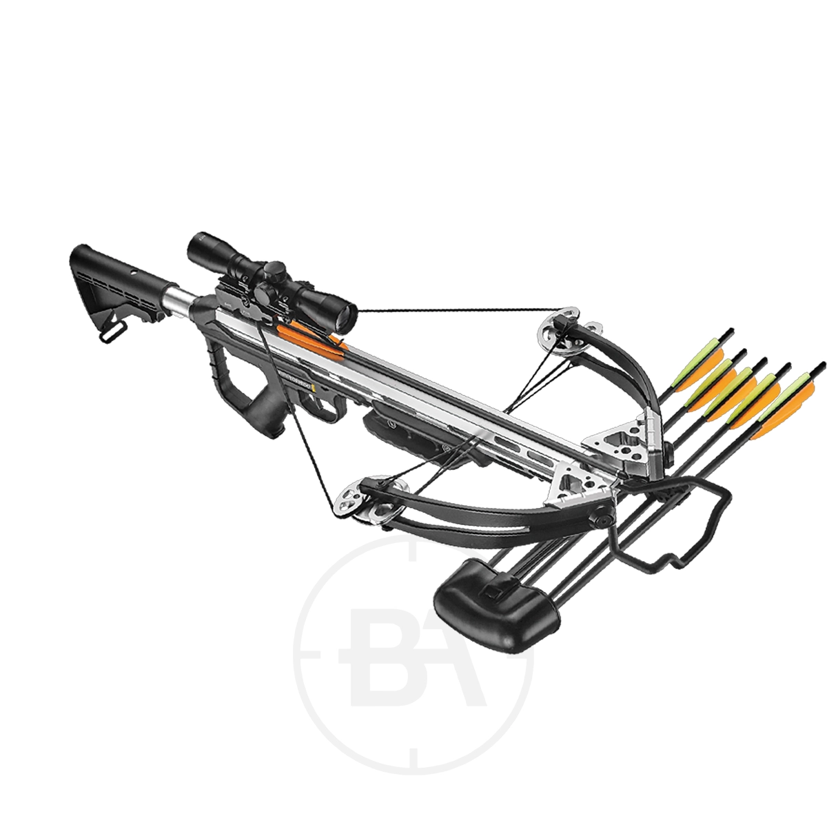 EK Archery Torpedo Compound Crossbow Package With Scope 13 The EK Archery Torpedo Compound Crossbow Package With Scope is shown on a white background, featuring a mounted scope and a quiver for four arrows—ideal for precise shooting and convenience.