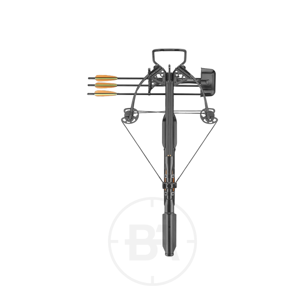 EK Archery Torpedo Compound Crossbow Package With Scope 15 Top view of the EK Archery Torpedo Compound Crossbow Package With Scope (Copy), shown with three arrows in a side-mounted quiver against a plain white background.