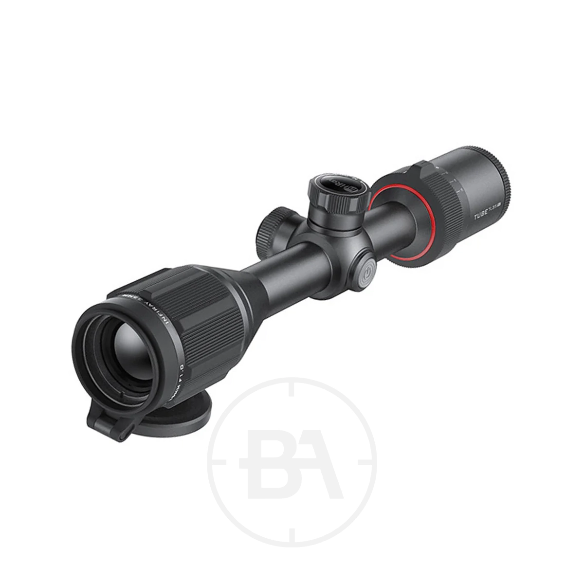 InfiRay TP25 SE Thermal Imaging Rifle Scope With Mounts 1 Black rifle scope with adjustment dials and flip-up lens cover, shown on a white background. The InfiRay TP25 SE Thermal Imaging Rifle Scope With Mounts is designed for easy pairing with compatible rifle scope mounts.