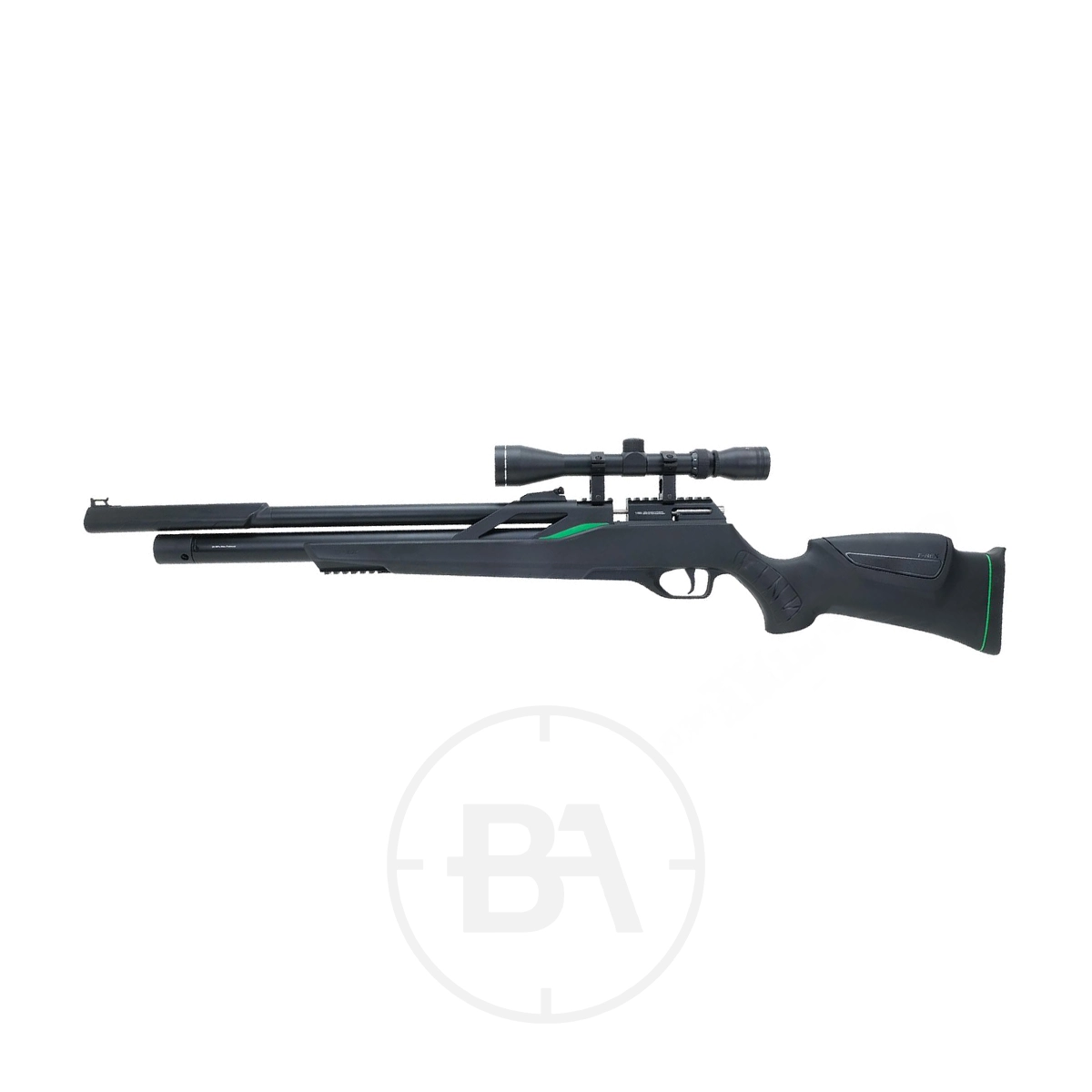 Remington T-Rex PCP Air Rifle With Scope 3 The Remington T-Rex PCP Air Rifle With Scope is showcased from a sleek side view against a white background.