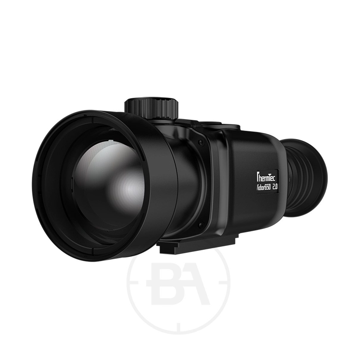 ThermTec Vidar 650 2.0 Thermal Imaging Rifle Scope 9 A black thermal imaging rifle scope with a large front lens, top adjustment knob, and eyepiece, labeled "ThermTec Vidar 650 2.0"—an advanced design from ThermTec.