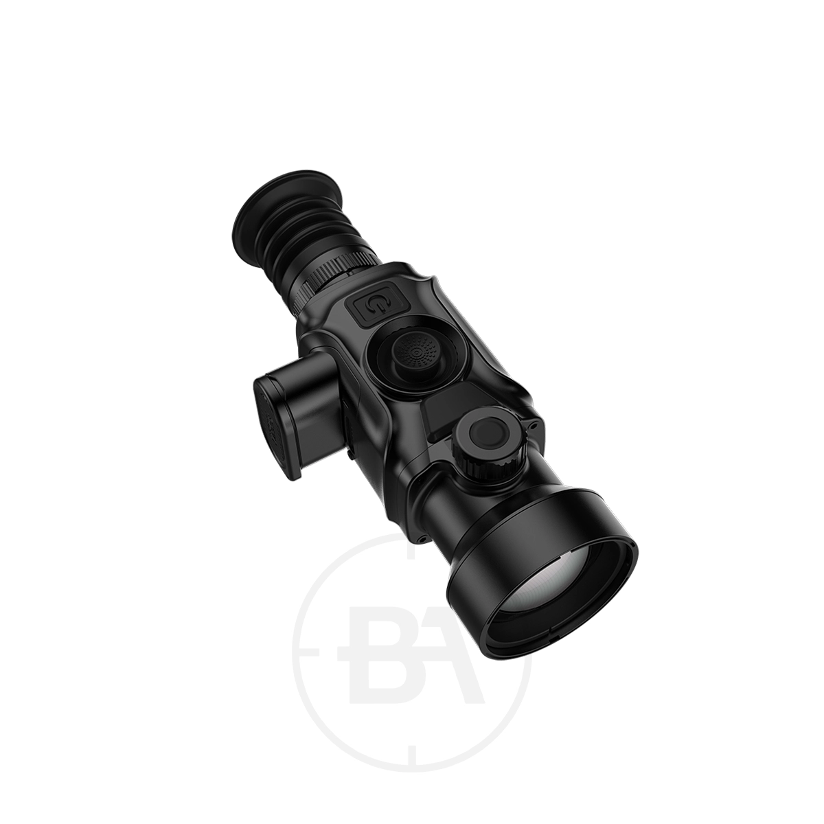 ThermTec Vidar 650 2.0 Thermal Imaging Rifle Scope 7 The ThermTec Vidar 650 2.0 Thermal Imaging Rifle Scope, shown at an angle with adjustment knobs and a rubberized eyepiece on a white background, highlights its advanced thermal imaging capabilities.