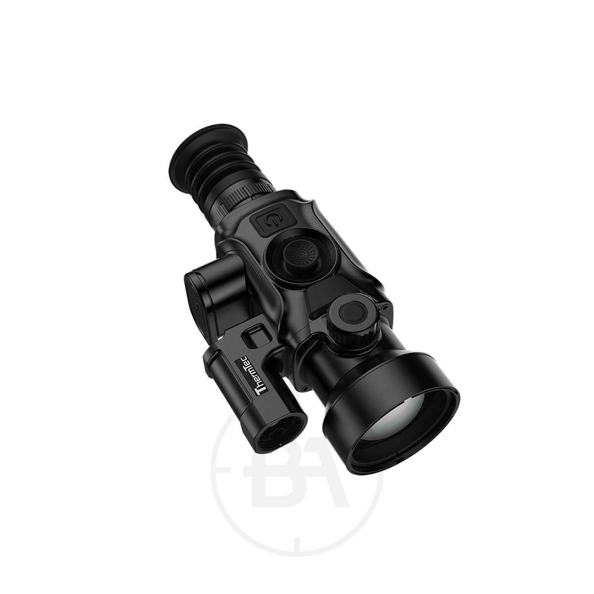 ThermTec 650L 2.0 Thermal lmaging Rifle Scope 5 The ThermTec 650L 2.0 Thermal Imaging Rifle Scope is shown with control buttons, a lens cap, and an eyepiece against a white background.