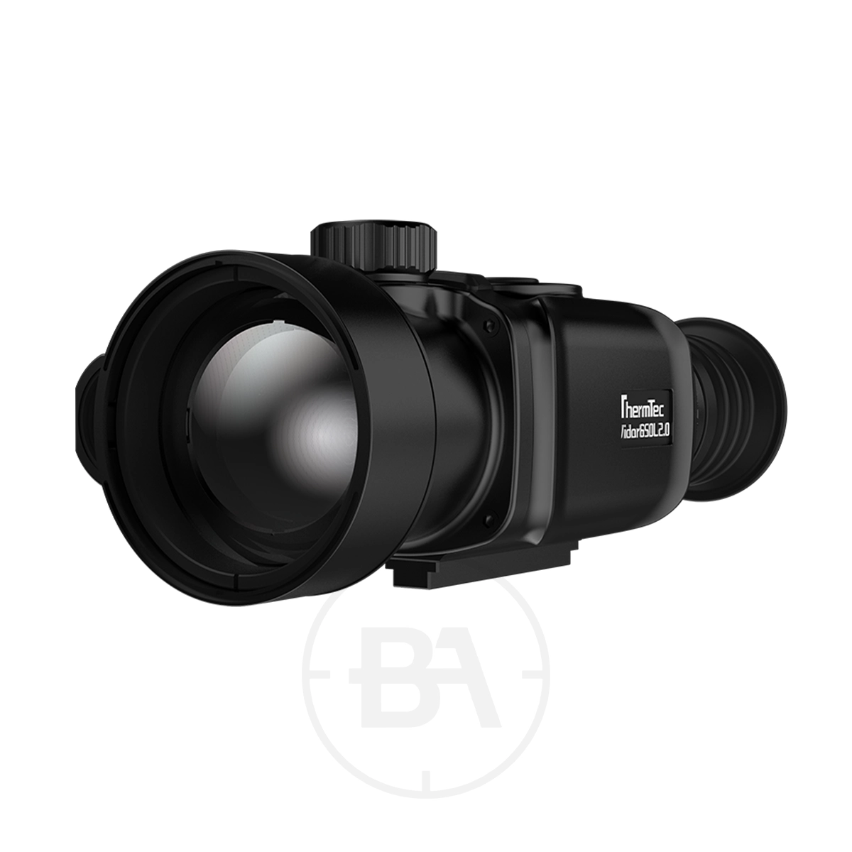 ThermTec 650L 2.0 Thermal lmaging Rifle Scope 3 A ThermTec 650L 2.0 thermal imaging rifle scope with a large lens and control knob is shown on a white background.