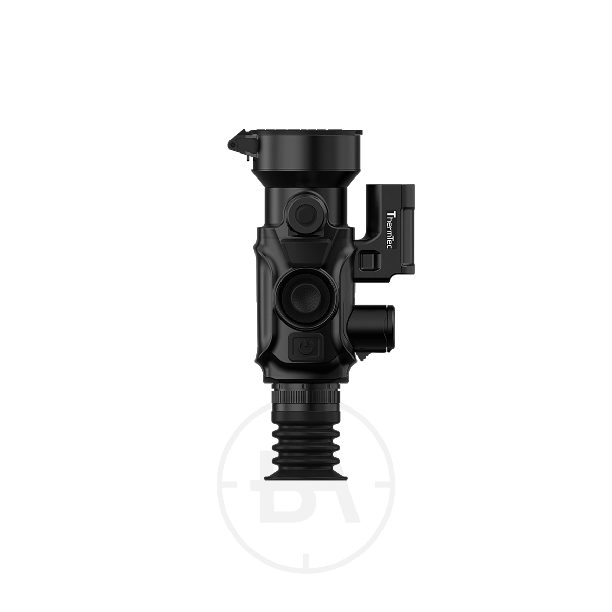 ThermTec 650L 2.0 Thermal lmaging Rifle Scope 7 The ThermTec 650L 2.0 Thermal Imaging Rifle Scope in black features control buttons and a viewfinder, displayed vertically on a white background.