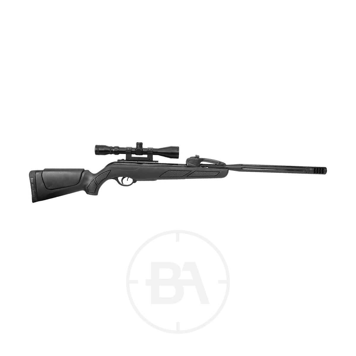 Gamo Varmint Swarm Spring Air Rifle With Scope 1 Black Gamo Varmint spring air rifle with scope, shown in profile on a white background.