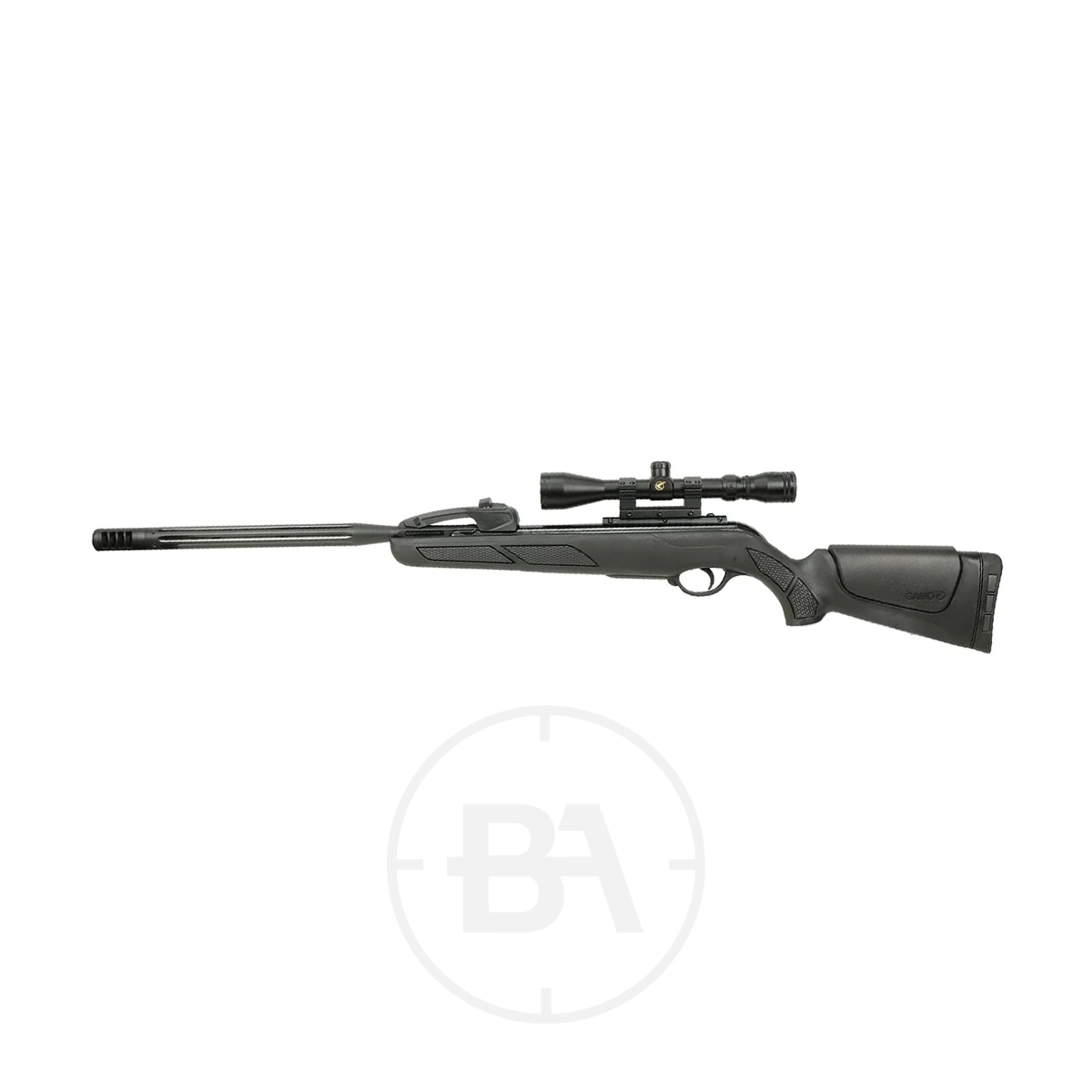 Gamo Varmint Swarm Spring Air Rifle With Scope 3 A black Gamo Varmint spring air rifle with a mounted scope, displayed on a white background.