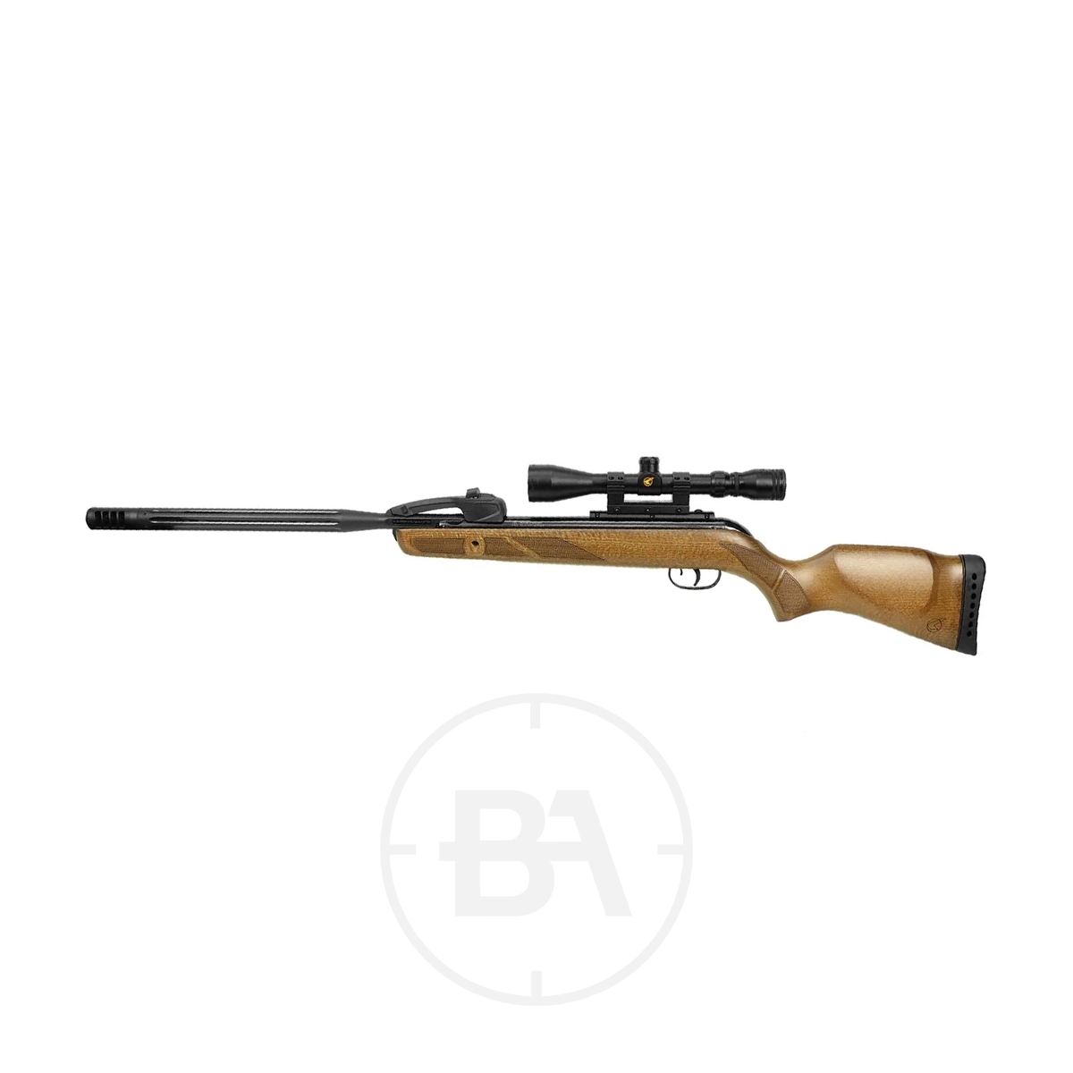 Gamo Varmint Swarm Spring Air Rifle With Scope 11 The Gamo Varmint Swarm Spring Air Rifle with Scope, featuring a black barrel and synthetic stock, is shown on a white background.