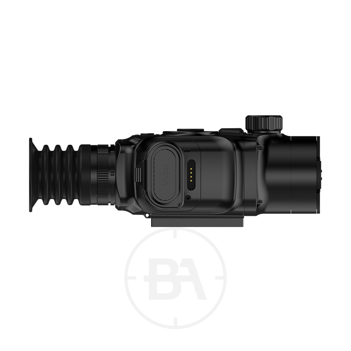 ThermTec Vidar 335 2.0 Thermal lmaging Rifle Scope 3 A side profile view of the ThermTec Vidar 335 2.0 Thermal Imaging Rifle Scope is shown in black, featuring an eyepiece, adjustment knob, and mounting rail against a white background.