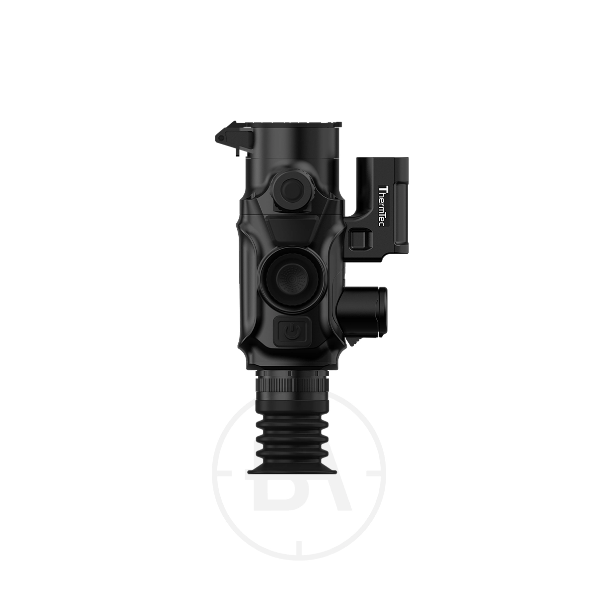 ThermTec Vidar 335L 2.0 Thermal lmaging Rifle Scope 7 The ThermTec Vidar 335L 2.0 Thermal Imaging Rifle Scope, marked "Thermtec" on the side, features button controls and an eyepiece. Displayed against a white background, it can also be used as a monocular device.