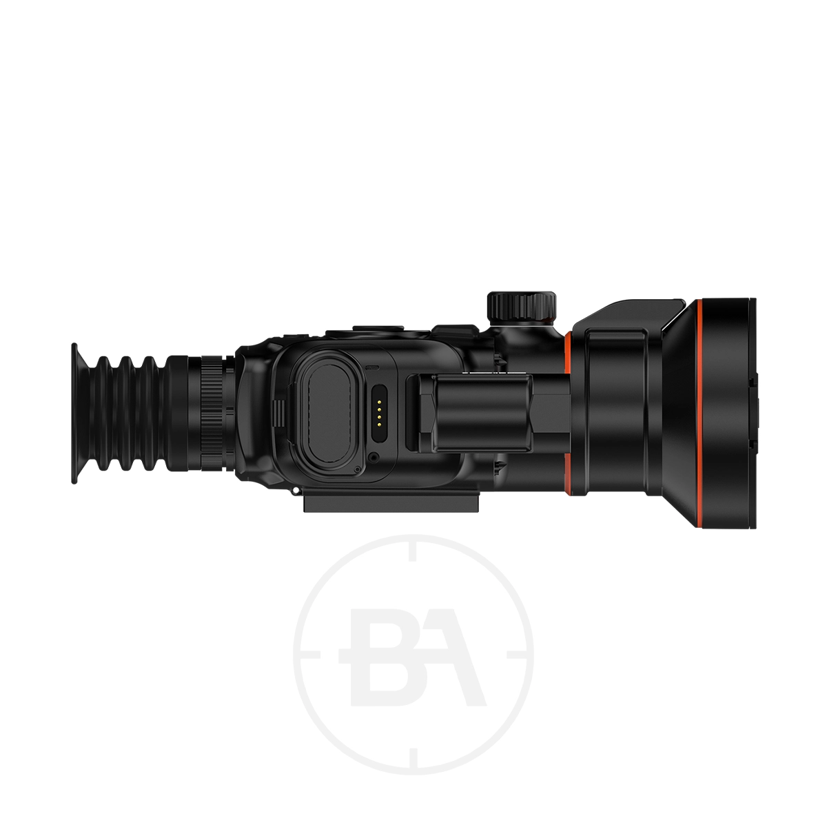 ThermTec Vidar 360L 2.0 Thermal lmaging Rifle Scope 3 The ThermTec Vidar 360L 2.0 Thermal Imaging Rifle Scope has a black body with orange accents and is shown in side profile against a white background.