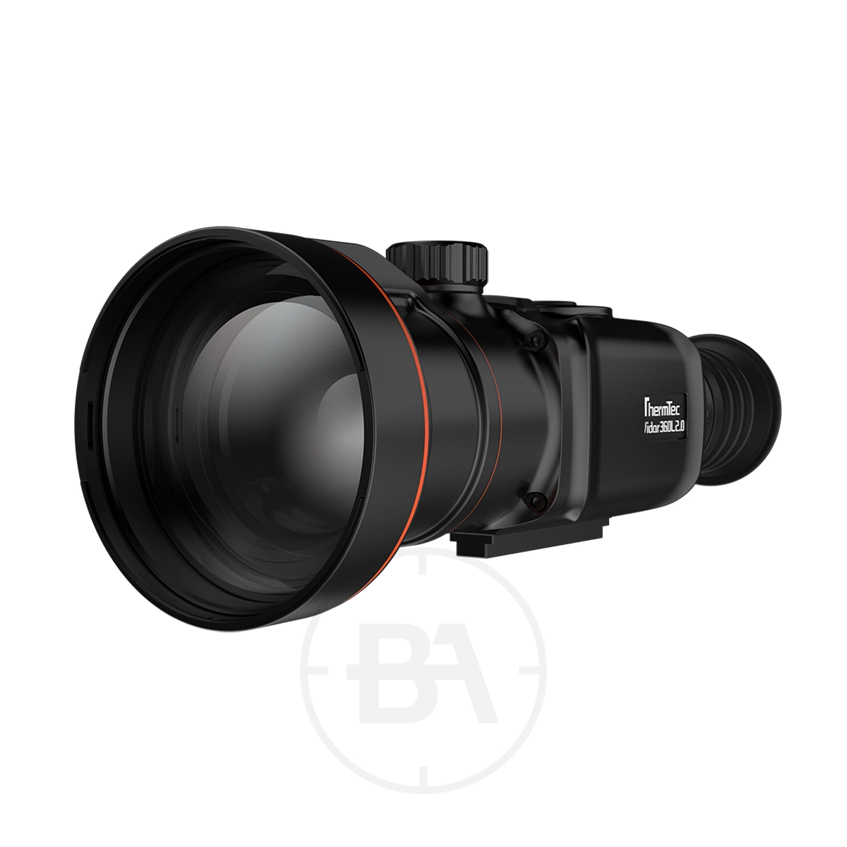 ThermTec Vidar 360L 2.0 Thermal lmaging Rifle Scope 5 A black ThermTec Vidar 360L 2.0 Thermal Imaging Rifle Scope with a large front lens, adjustment dial, and eyepiece is shown at an angle against a white background.