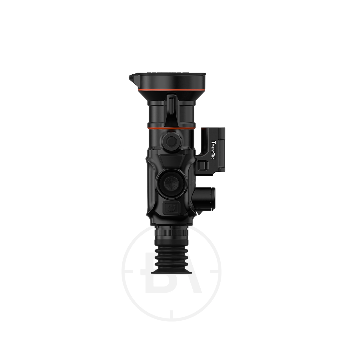 ThermTec Vidar 360L 2.0 Thermal lmaging Rifle Scope 7 A black and red ThermTec Vidar 360L 2.0 Thermal Imaging Rifle Scope with adjustment knobs and a side-mounted accessory, shown vertically against a white background.